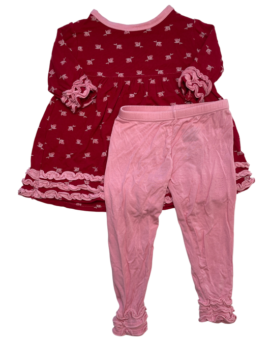Kickee Pants 2 Piece Ensemble - Red Flower Dress + Ruffle Leggings | size 18 - 24 Months
