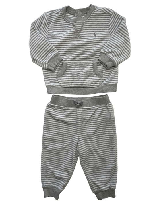 Ralph Lauren 2 Piece Ensemble - Gray Striped Velour Sweatshirt + Joggers | size 9 Months