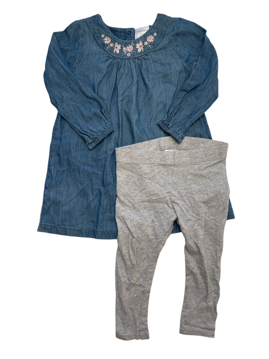 Nordstrom 2 Piece Ensemble - Blue Chambray Dress + Gray Leggings | size 18 Months