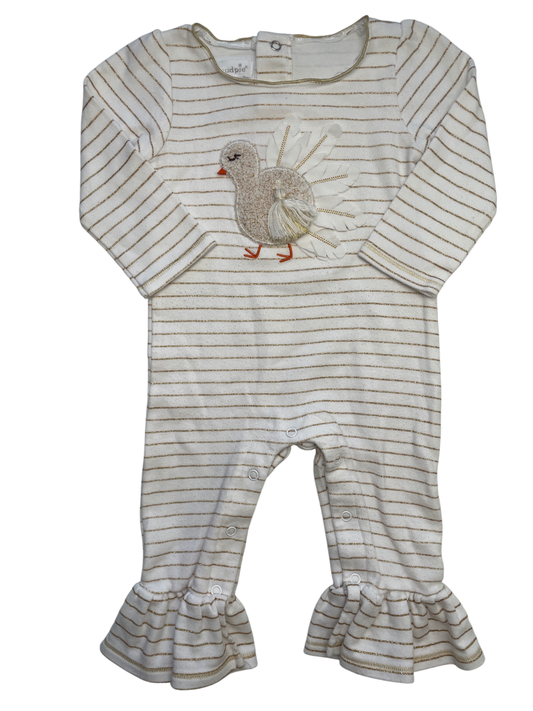 Mudpie Onesie - White Glitter Stripes + Turkey | size 6 - 9 Months