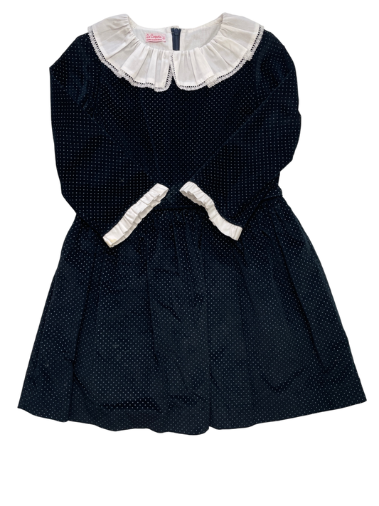 La Coqueta Dress - Navy Blue Polka Dot Velvet + Collar | size 8