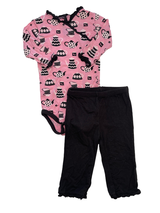 Kickee Pants 2 Piece Ensemble - Pink Teapot Onesie + Pants | size 6 - 12 Months