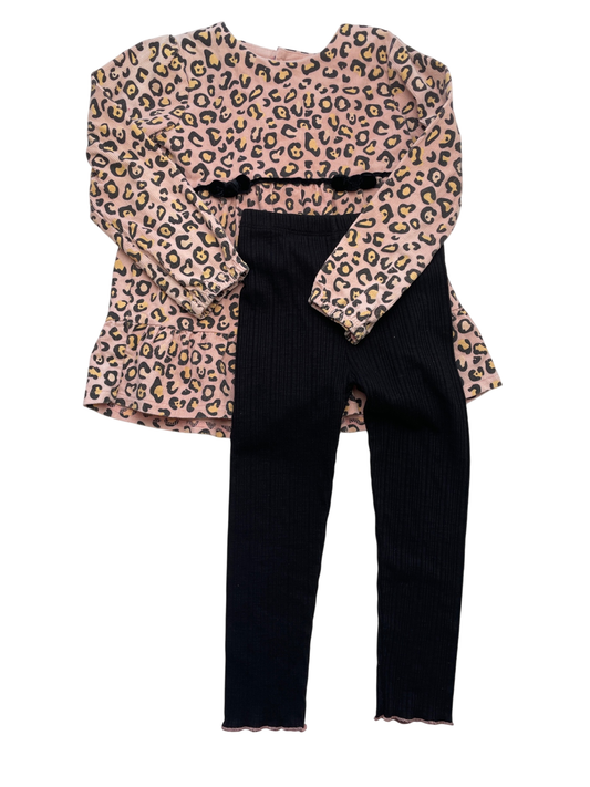 Mudpie 2 Piece Ensemble - Pink Corduroy Leopard Dress + Ribbed Leggings | size 5T
