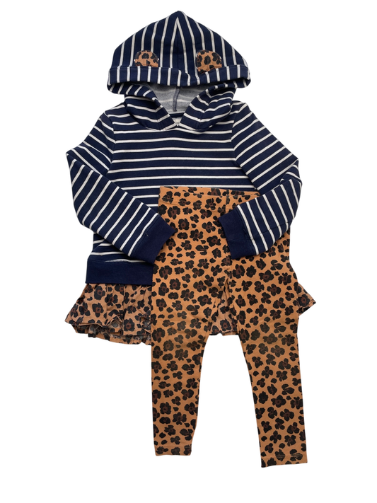Tucker + Tate 2 Piece Ensemble - Brown Striped Dress + Leopard Print Leggings | size 4T