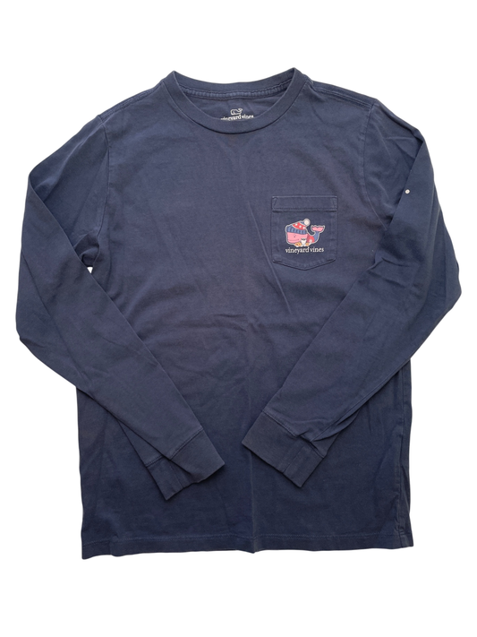 Vineyard Vines Long Sleeve T-Shirt - Navy Blue Holiday Whale Graphic | size 12/14