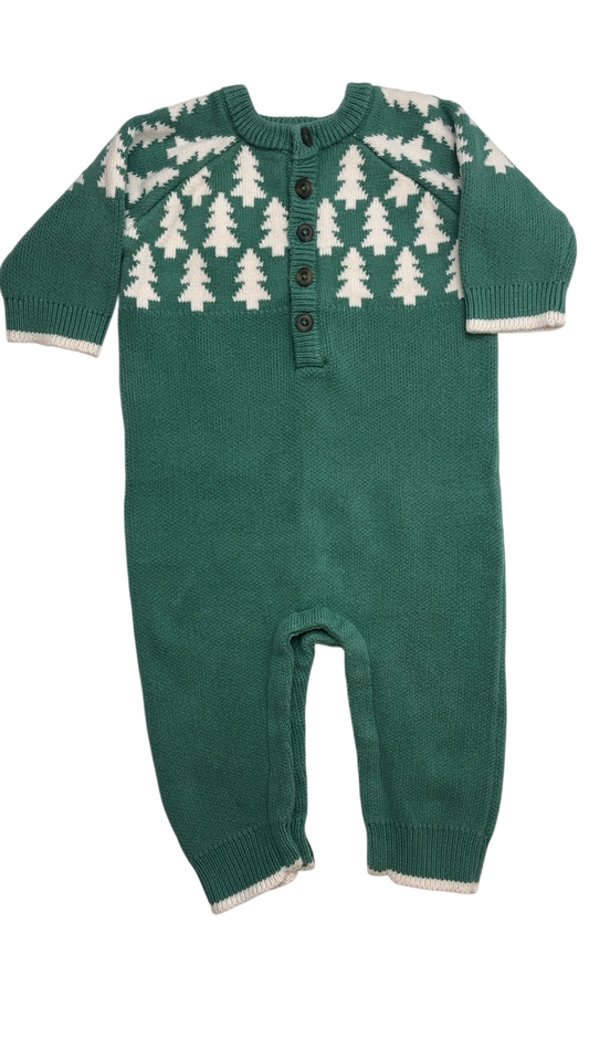 Hanna Andersson One-Piece - Green Holiday Tree Sweater Romper | size 12 - 18 Months