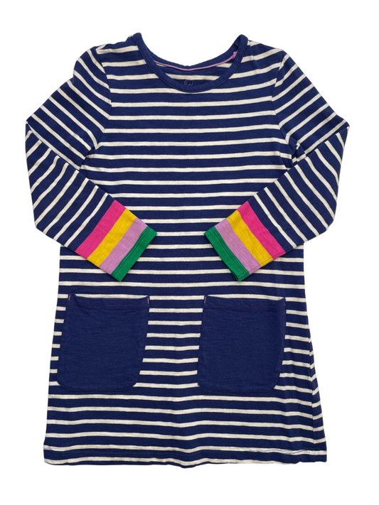 Mini Boden Dress - Navy Blue Striped Long Sleeve + Front Pockets | size 6/7