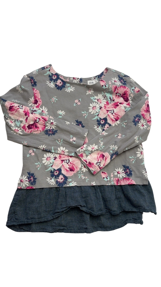 GapKids Shirt - Gray Floral Long Sleeve Chambray Ruffle | size 6/7