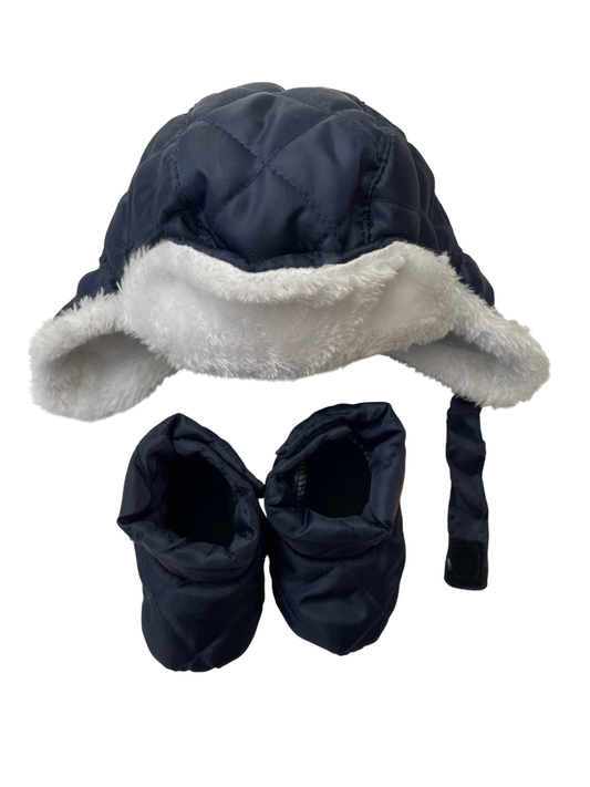 Ben Sherman Hat - Navy Blue Fur Lined Puffer Hat + Booties | size 0 - 12 Months