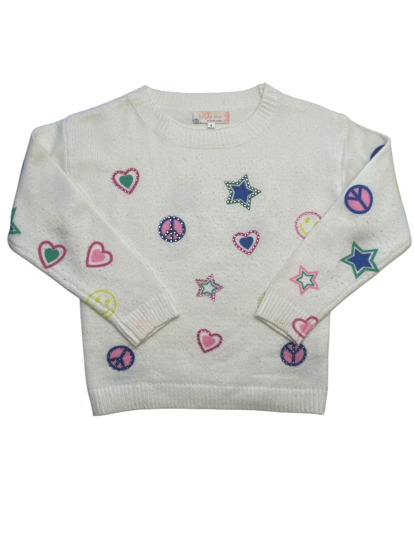 Truly Me Sweater - White Rhinestone Peace Sign Heart Star | size 4T