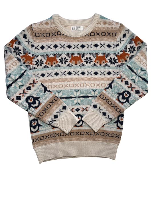 H & M Sweater - Tan Fox Penguin Knit Pattern | size 8/10
