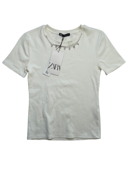 Zara Shirt - White T-Shirt w/ Necklace Embellishment (Adult Size) | size 14/16