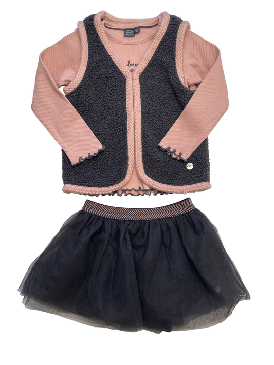 Babyface 3 Piece Ensemble - Pink Sherpa Vest + Ribbed Long Sleeve + Tulle Skirt | size 2T