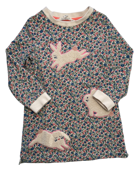 Mini Boden Dress - Green Floral Bunnies Long Sleeve | size 4T/5T