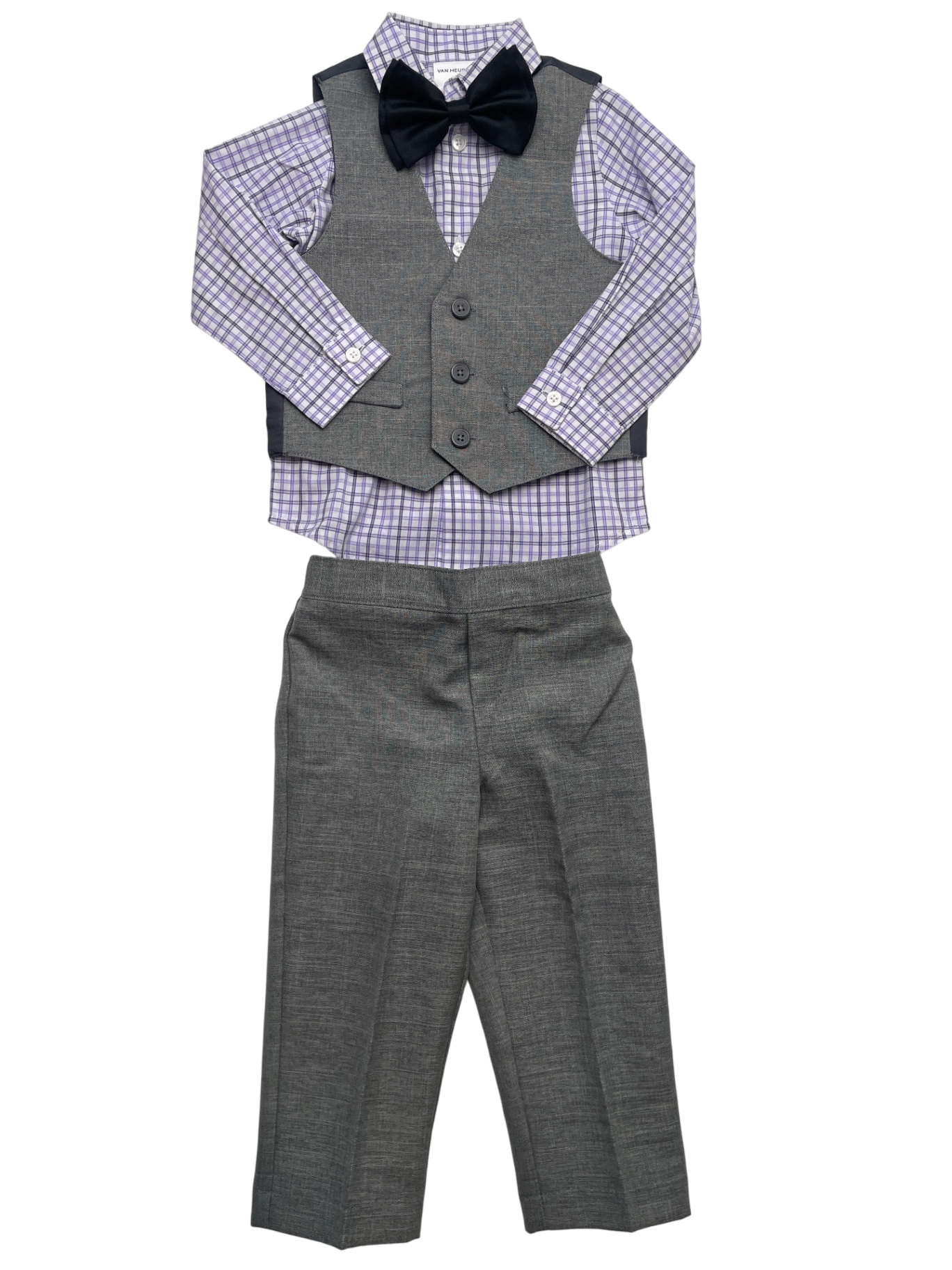 Van Heusen 3 Piece Ensemble - Gray Suit Plaid Button Up + Vest + Pants + Bowtie | size 24 Months