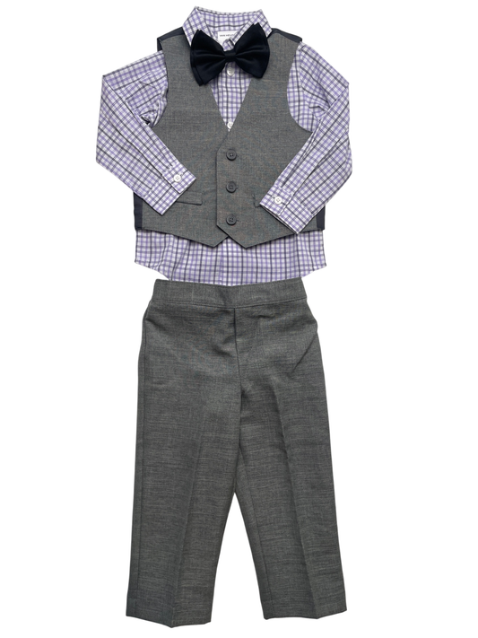 Van Heusen 3 Piece Ensemble - Gray Suit Plaid Button Up + Vest + Pants + Bowtie | size 24 Months