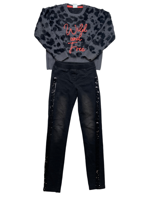 Boboli 2 Piece Ensemble - Black 'Wild and Free' Sweater + Sequin Skinny Jeans | size 8