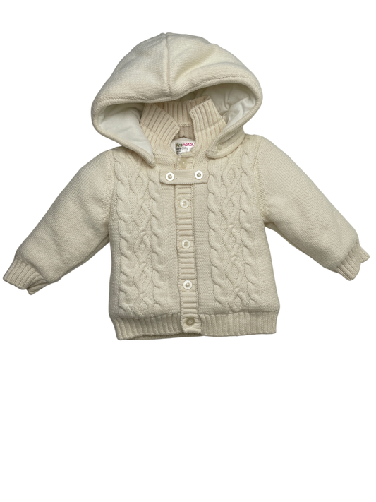 Prenatal Sweater - White Cotton Lined Cable Knit w/ Hood | size 1 - 3 Months
