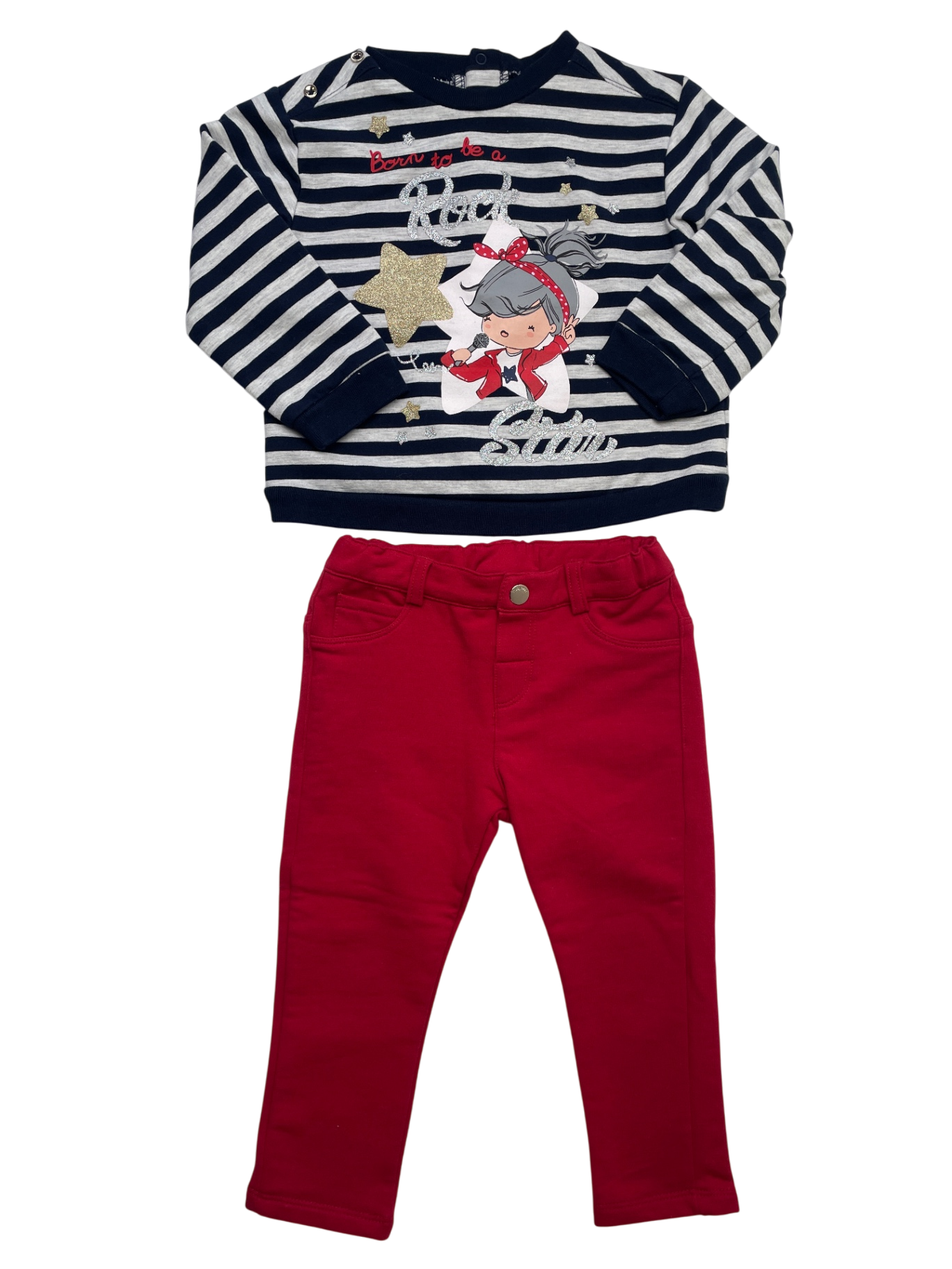 Mayoral 2 Piece Ensemble - Navy Blue Striped 'Born to be a Rockstar' Shirt + Red Pants | size 18 Months