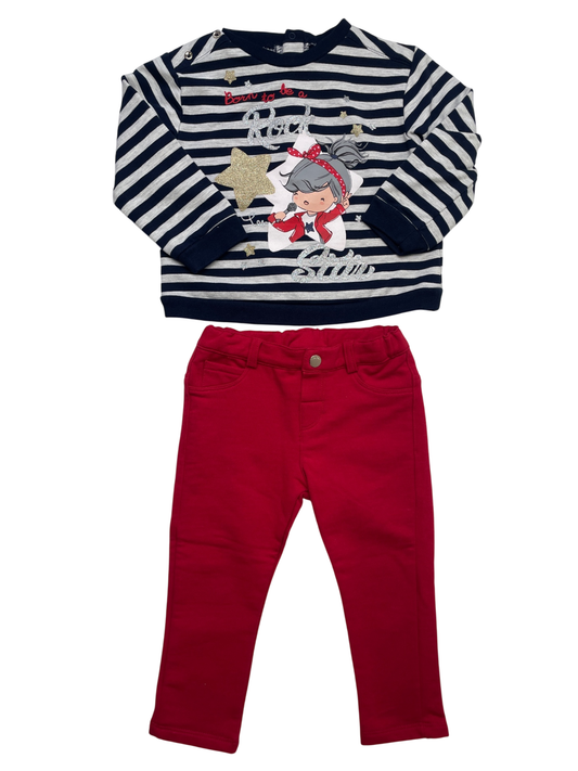 Mayoral 2 Piece Ensemble - Navy Blue Striped 'Born to be a Rockstar' Shirt + Red Pants | size 18 Months