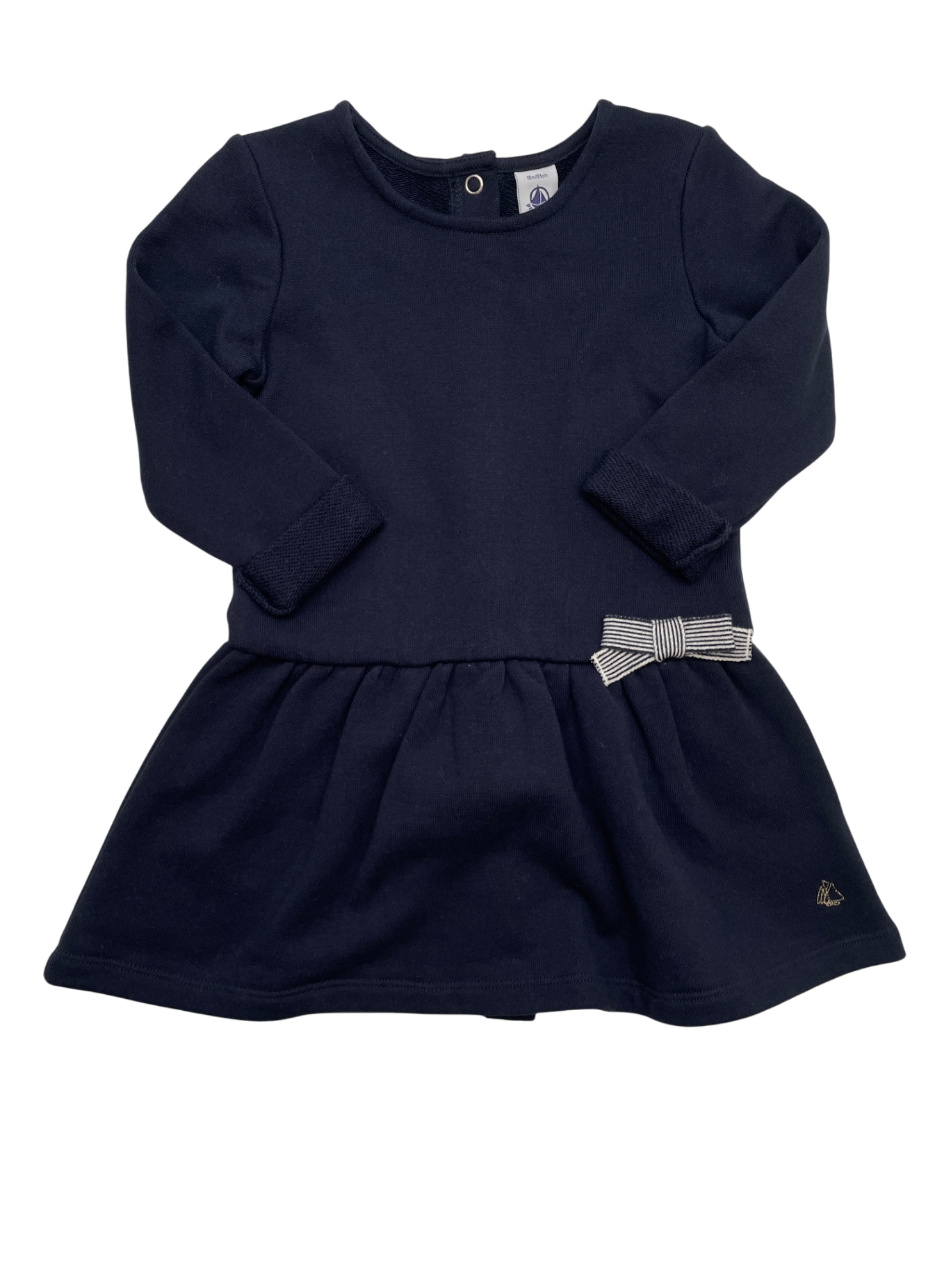 Petit Bateau Dress - Navy Blue Solid 100% Cotton | size 18 Months