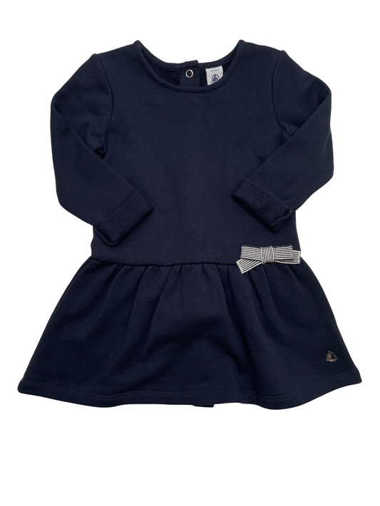 Petit Bateau Dress - Navy Blue Solid 100% Cotton | size 18 Months