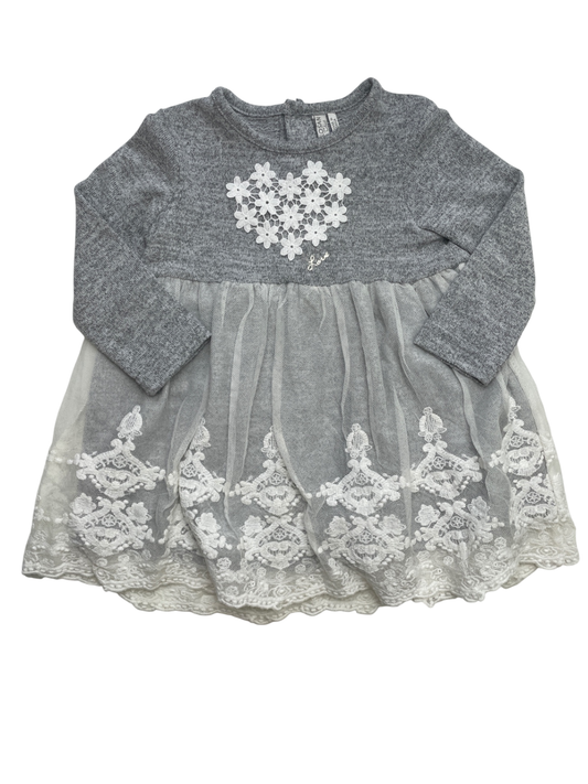 Losan Dress - Gray Knit Tulle Flower Appliqué | size 9 - 12 Months