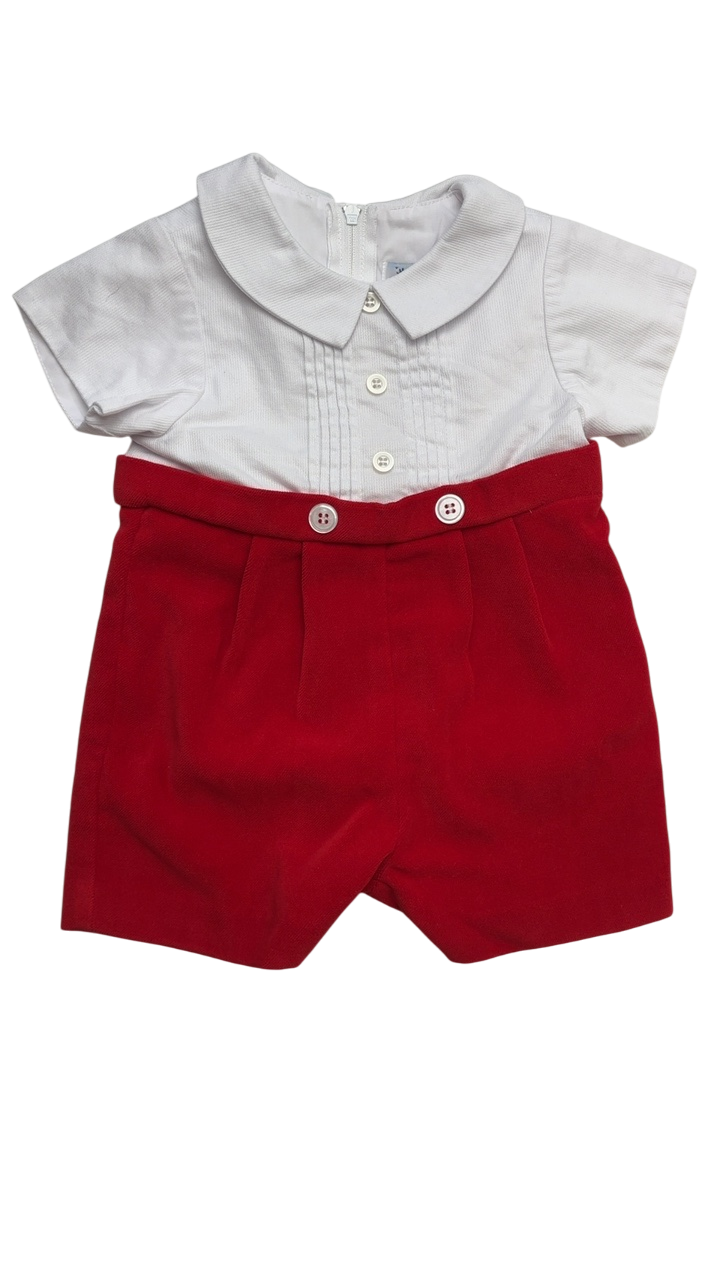 Florence Eiseman Holiday Romper - Red Red Pique And Velvet Short Sleeve All In One Shortall | size 6 Months