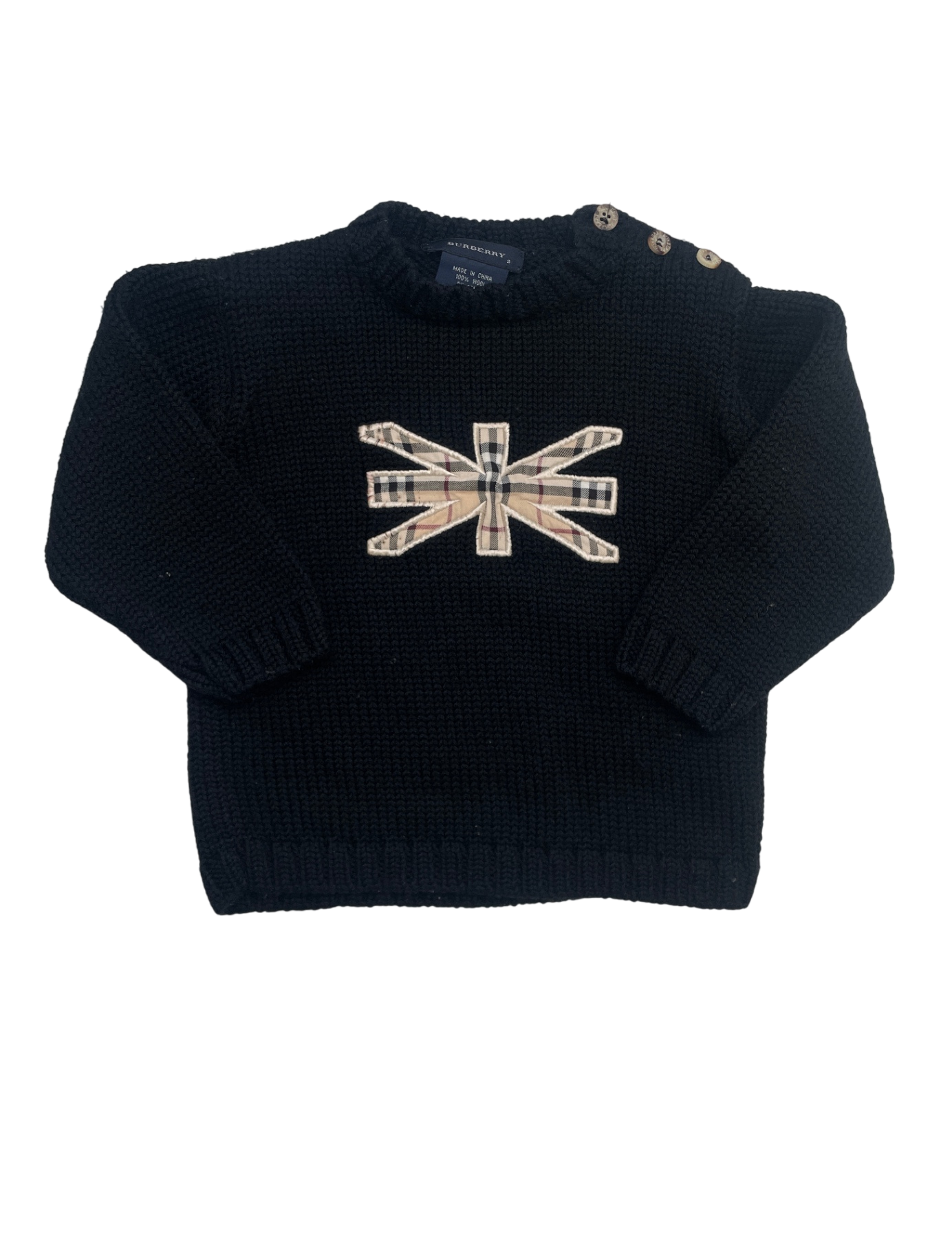 Burberry Sweater - 100% Wool Black Plaid Union Jack | size 2T