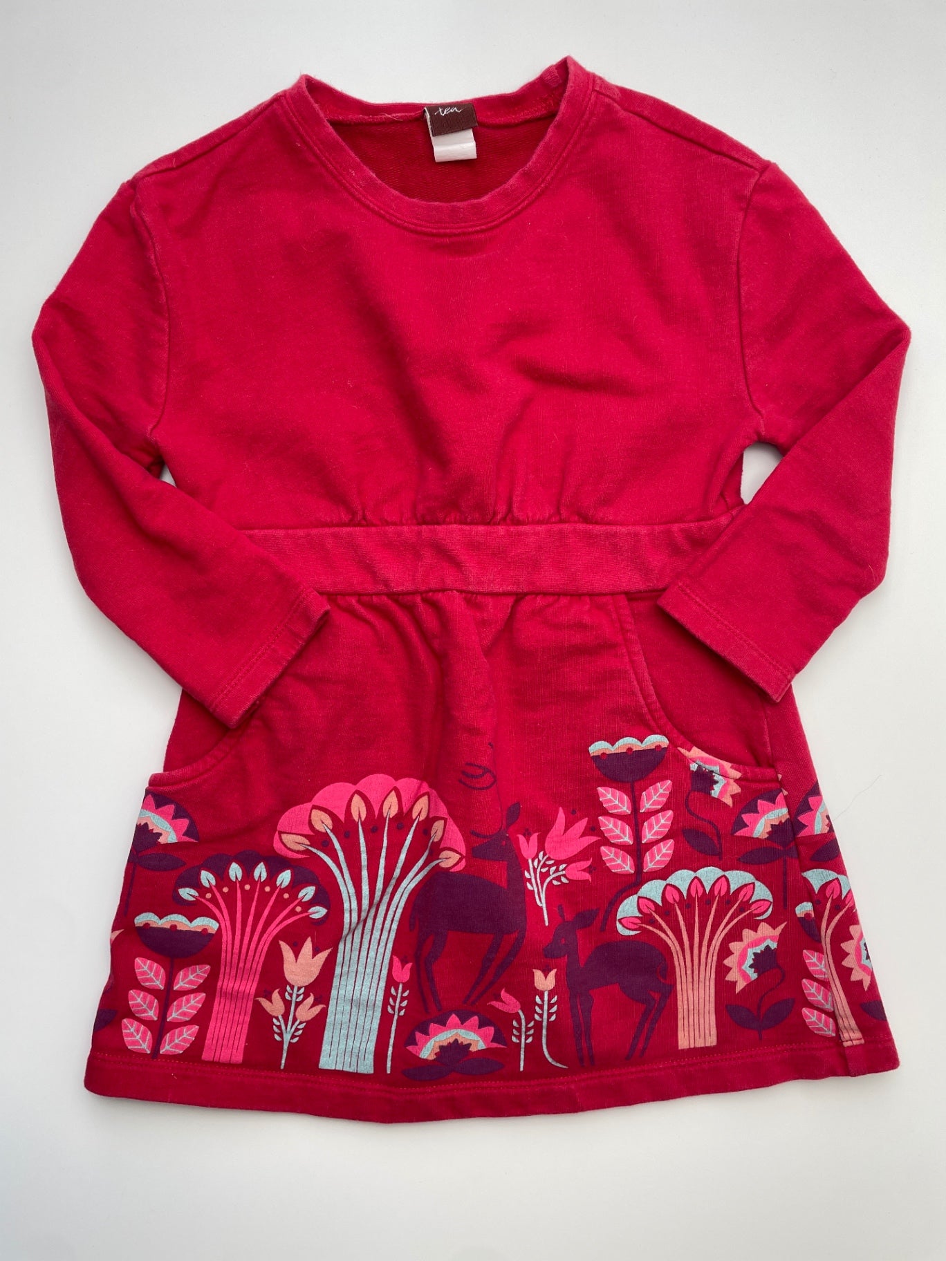 Tea Dress - Red Long Sleeve Deer + Plants Graphic | size 3T