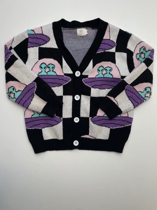 Best Day Ever Kids Sweater - Black Checkered Alien Cardigan | size 3T/4T