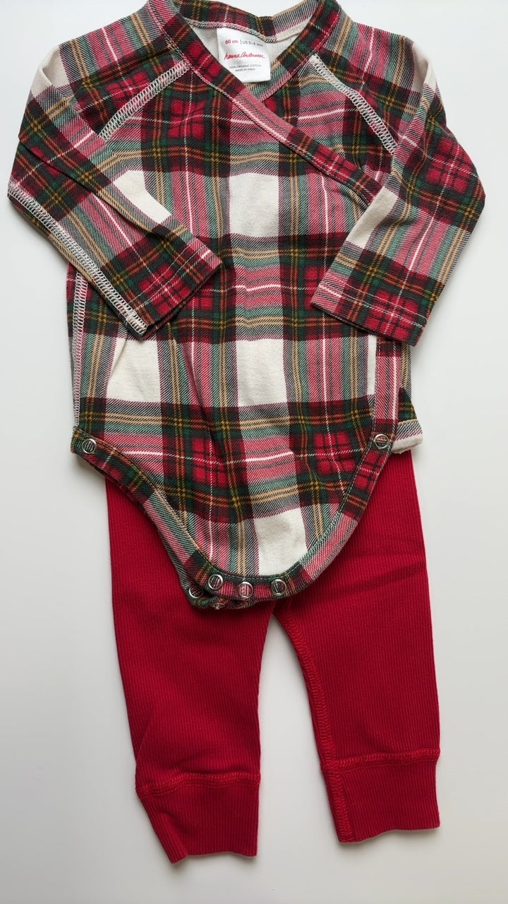 Hanna Andersson 2 Piece Ensemble - Red Holiday Plaid Organic Bodysuit + Leggings | size 3 - 6 Months