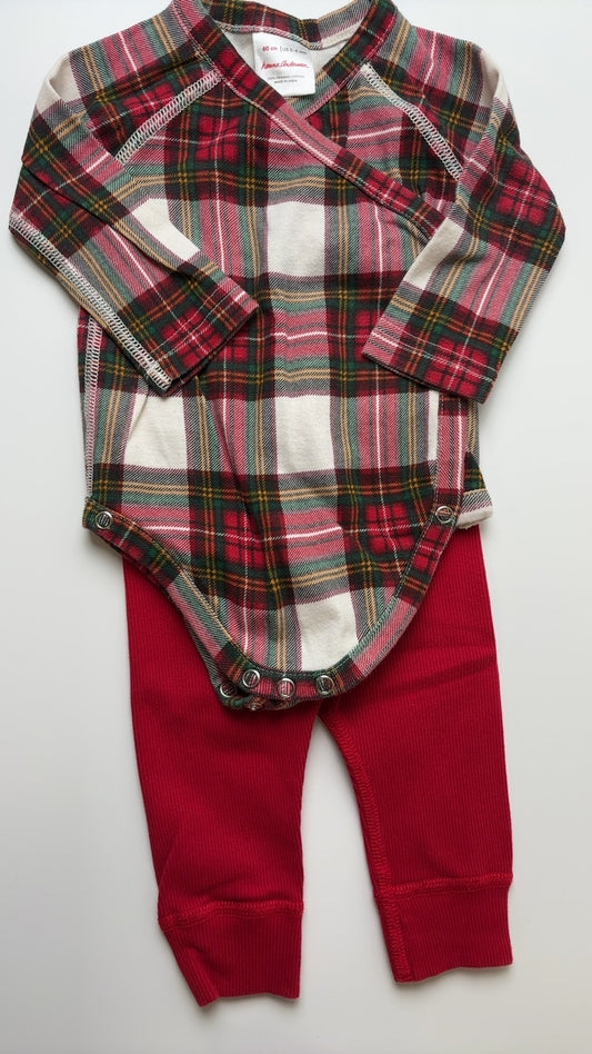 Hanna Andersson 2 Piece Ensemble - Red Holiday Plaid Organic Bodysuit + Leggings | size 3 - 6 Months