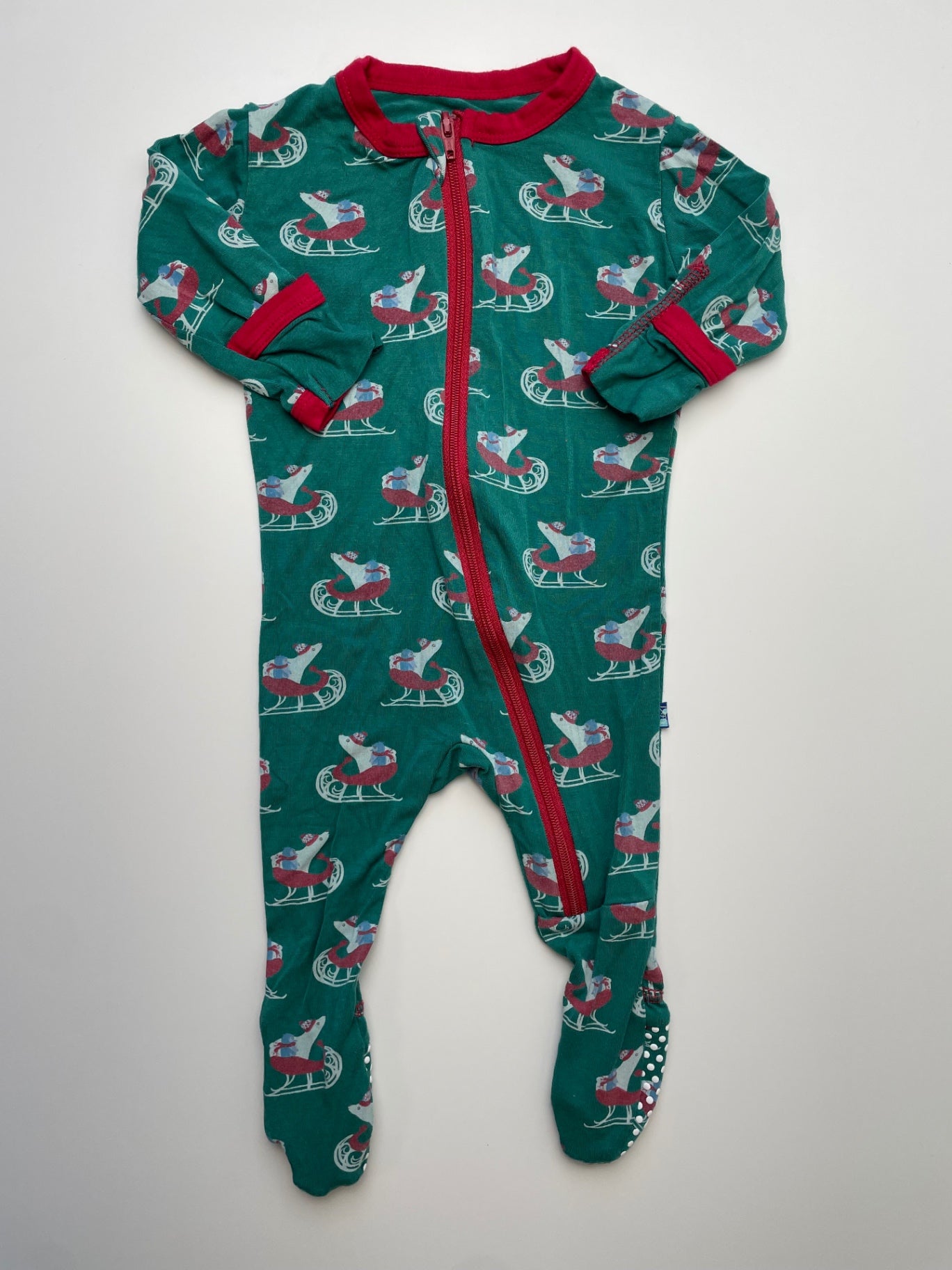 Kickee Pants Onesie - Green Polar Bear/Penguin Sleds | size 0 - 3 Months