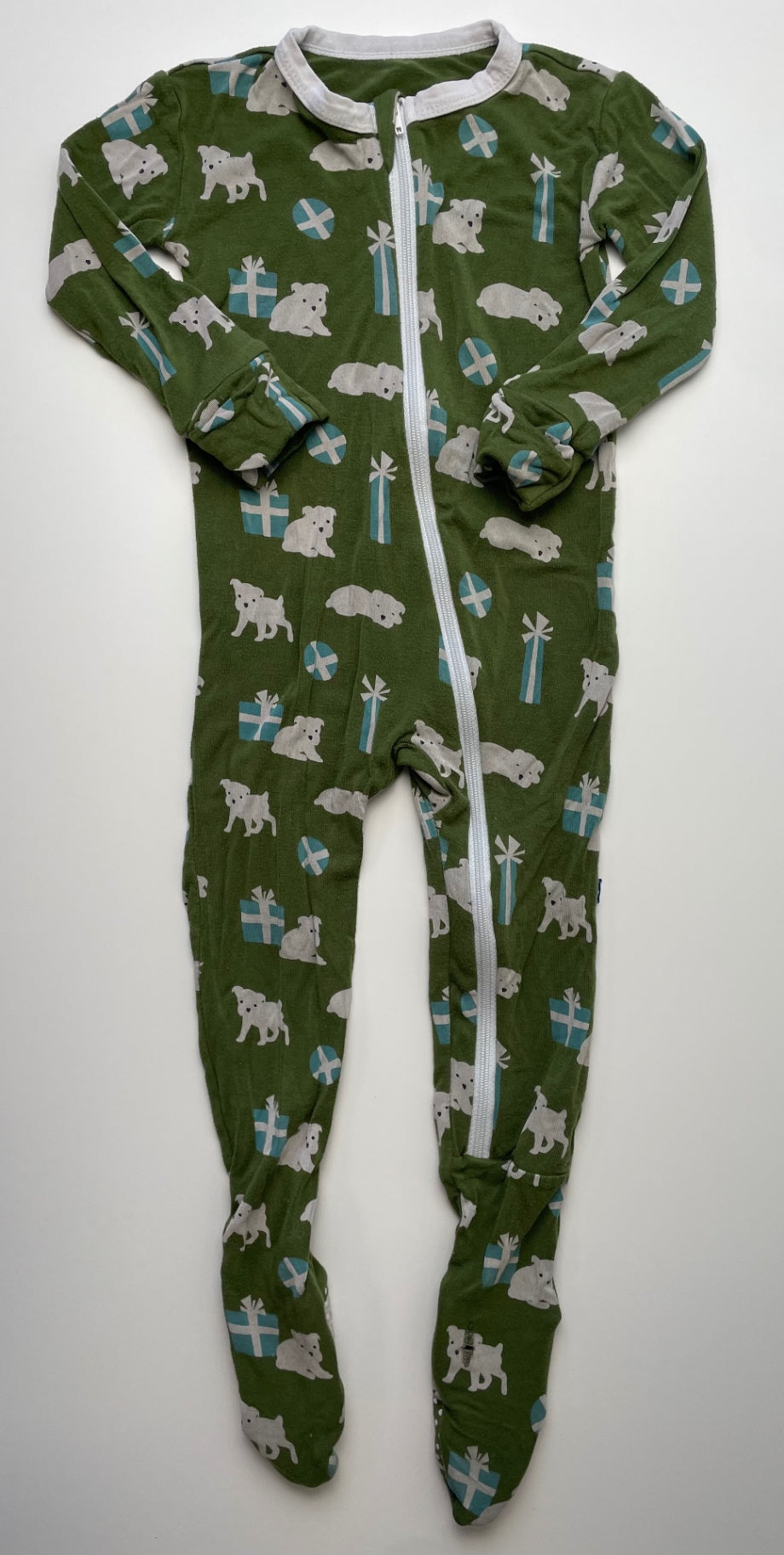Kickee Pants Onesie - Green Dog + Presents | size 12 - 18 Months
