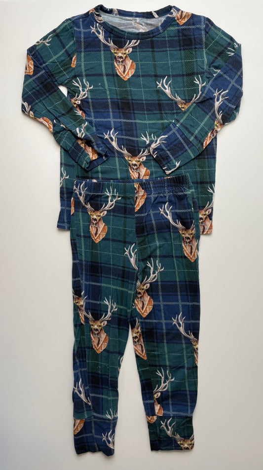 Posh Peanut 2 Piece Ensemble - Green Plaid + Deer Pajamas | size 3T