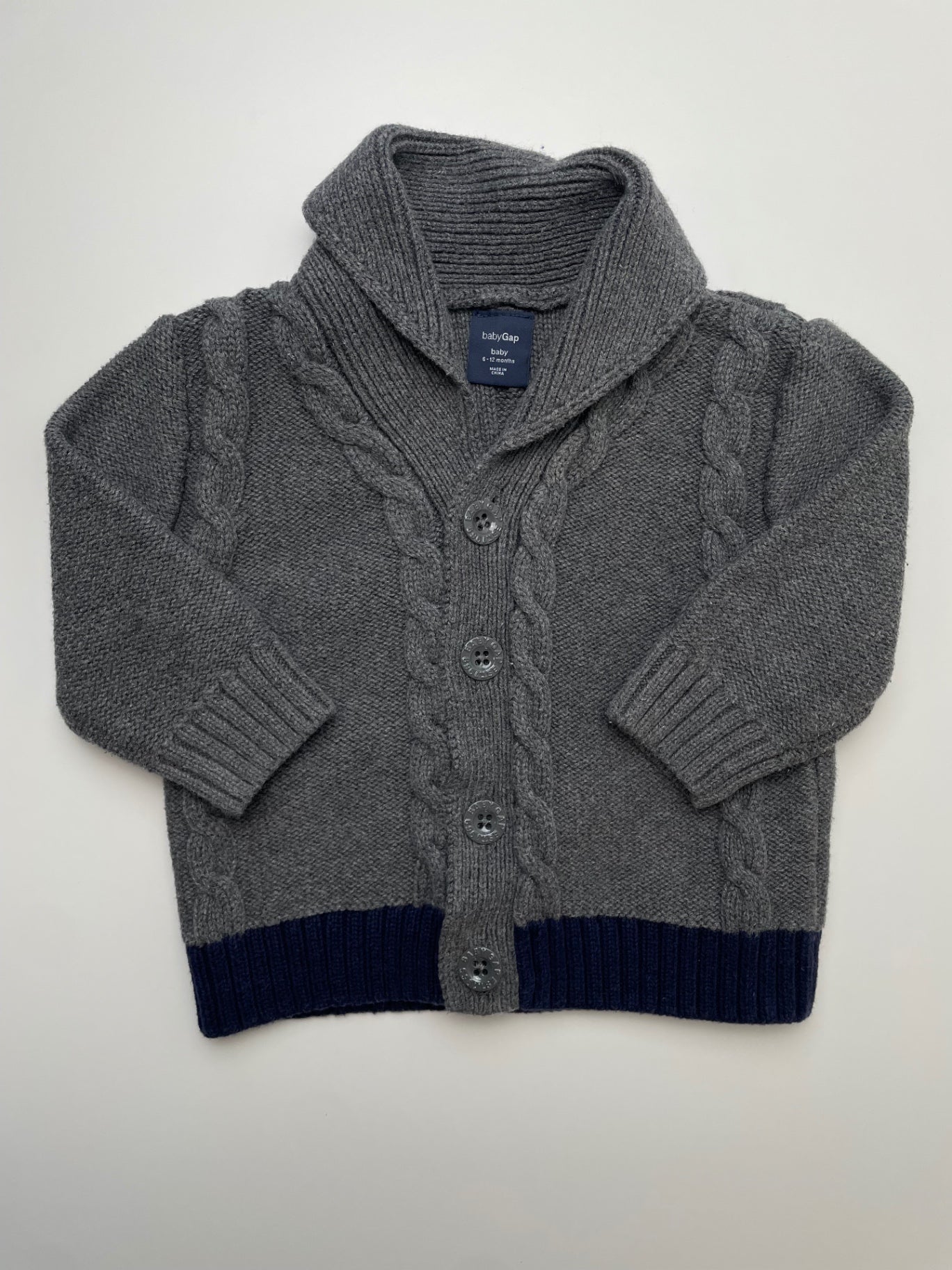 Baby Gap Sweater - Gray Cable Knit Cardigan Navy Hem | size 6 - 12 Months
