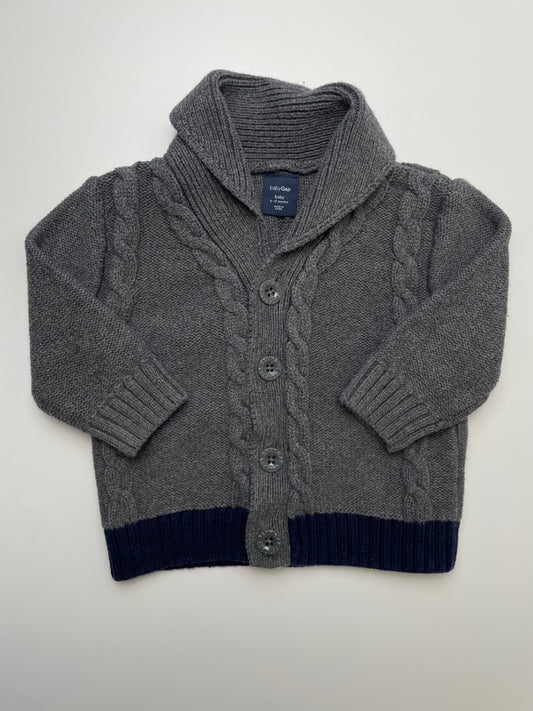 Baby Gap Sweater - Gray Cable Knit Cardigan Navy Hem | size 6 - 12 Months