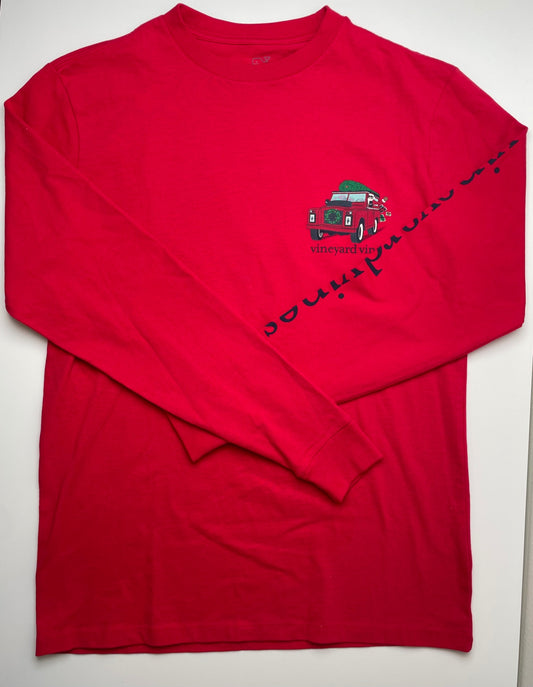 Vineyard Vines Long Sleeve T-Shirt - Red Santa Truck Graphic (Adult Size) | size XS