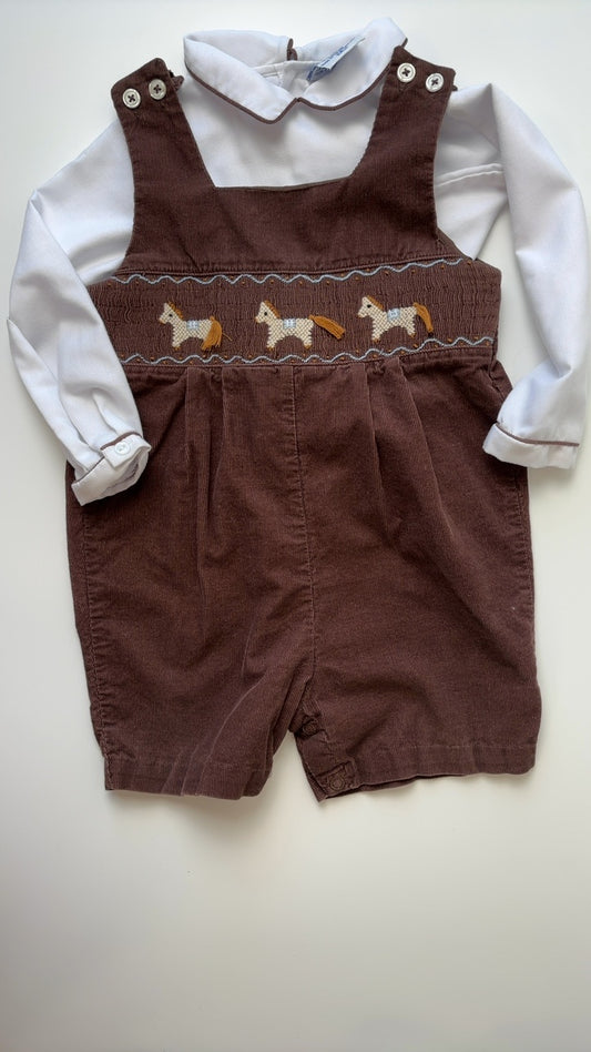 Carriage Boutiques 2 Piece Ensemble - Brown Smocked Corduroy Romper with Horses + Long sleeve shirt | size 24 Months