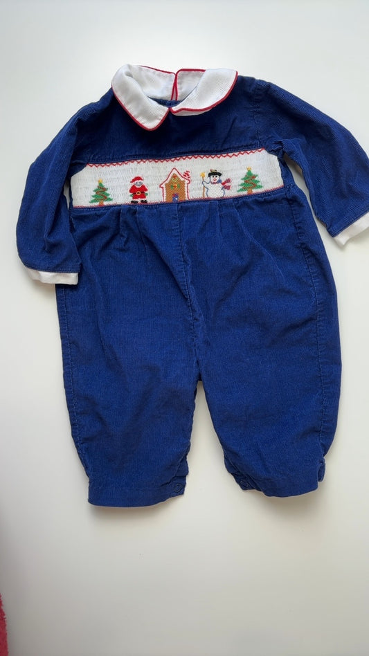Carriage Boutiques Jumper - Blue 100% Cotton Smocked Holiday Corduroy One Piece | size 3 Months