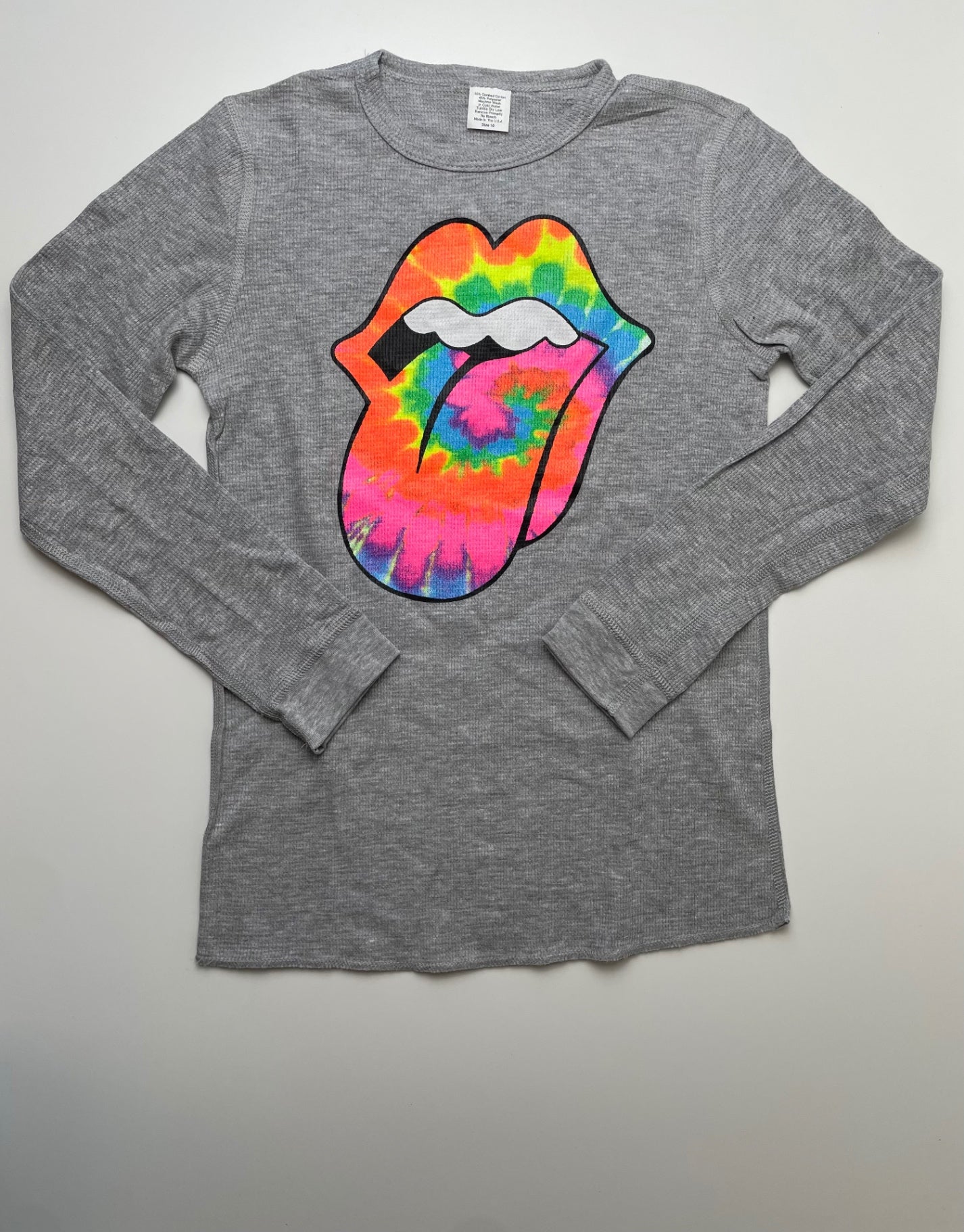 Dandelion Kids Long Sleeve T-Shirt - Gray Waffle Knit Tie Dye Rolling Stones | size 10