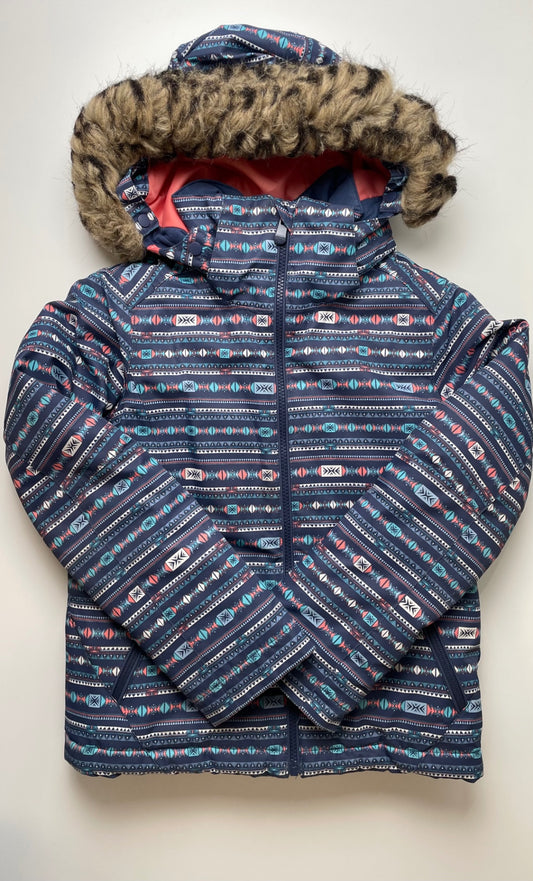Roxy Coat - Navy Blue Aztec Print Puffer Detachable Hood | size 8