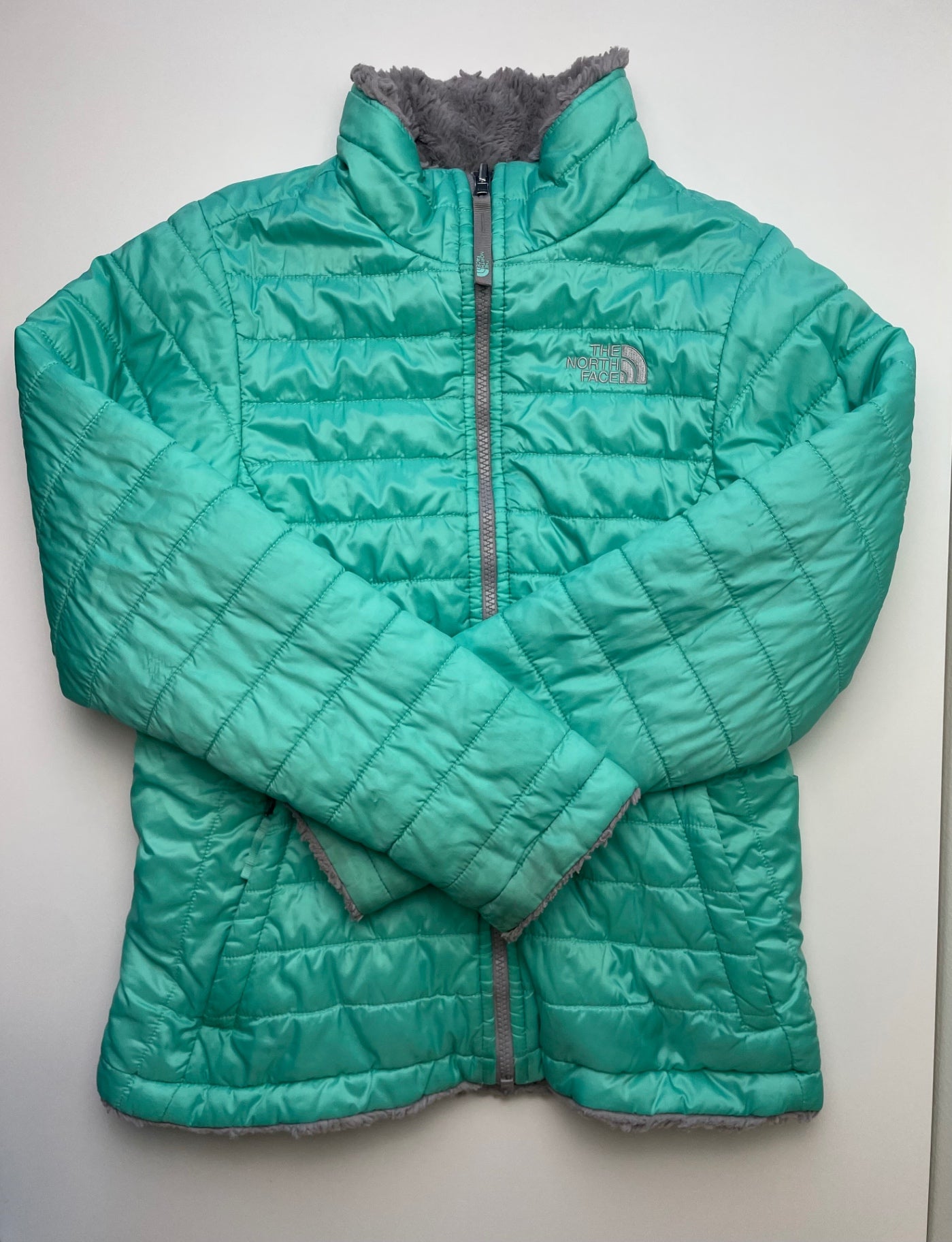 The North Face Coat - Green/Gray Reversible Puffer/Fleece | size 14/16