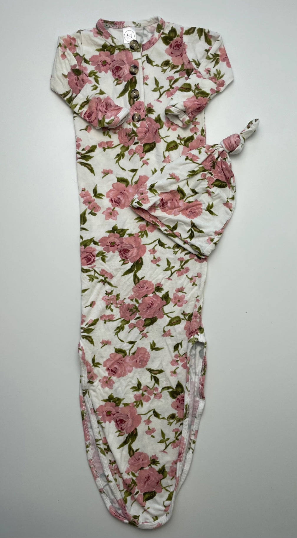 Lou Lou Onesie - Pink Floral Knotted Gown + Hat | size Newborn