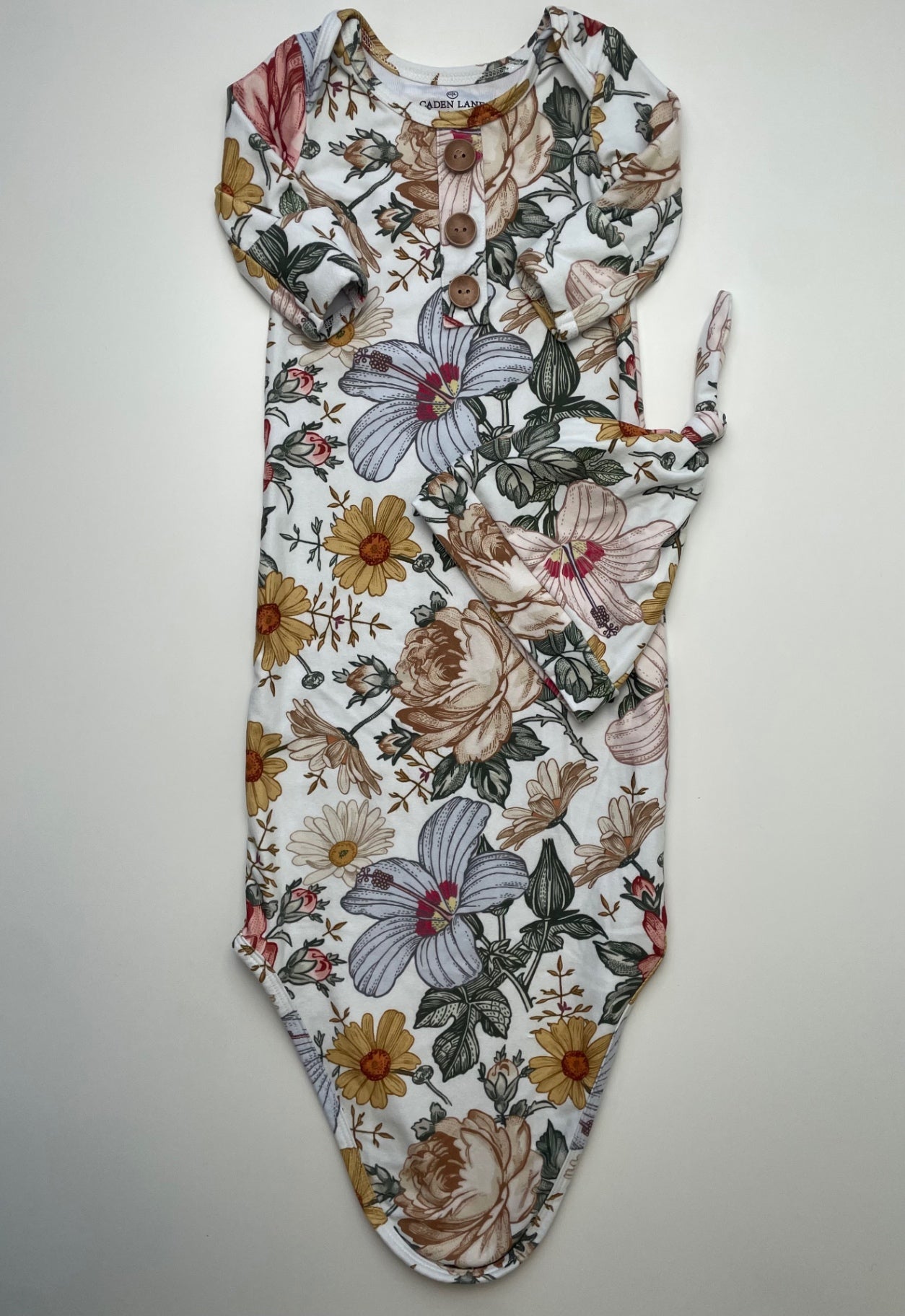 Caden Lane Onesie - Green Floral Knotted Gown + Hat| size 0 - 3 Months