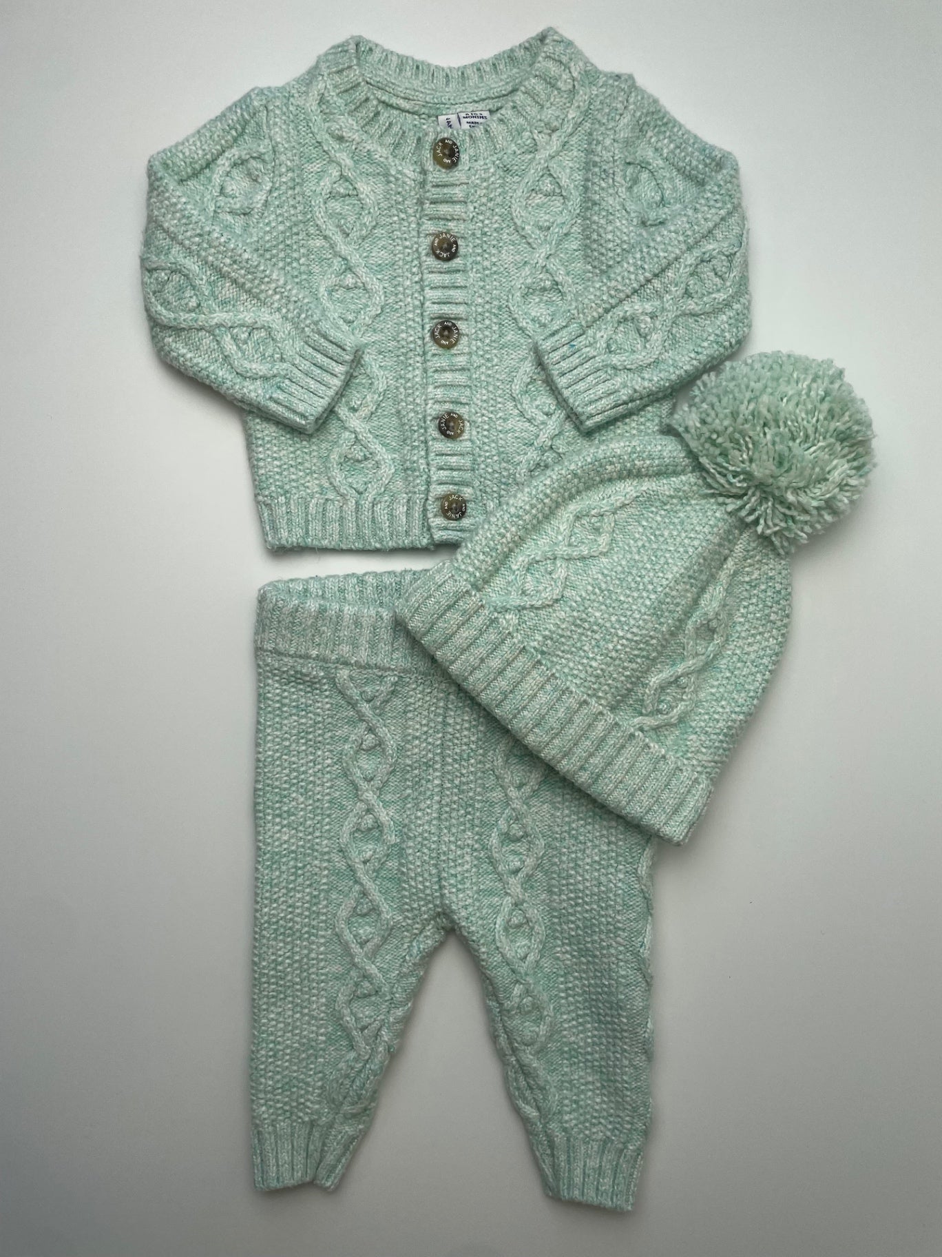 Janie and Jack 2 Piece Ensemble - Green Cable Knit Cardigan + Leggings + Hat | size 0 - 3 Months