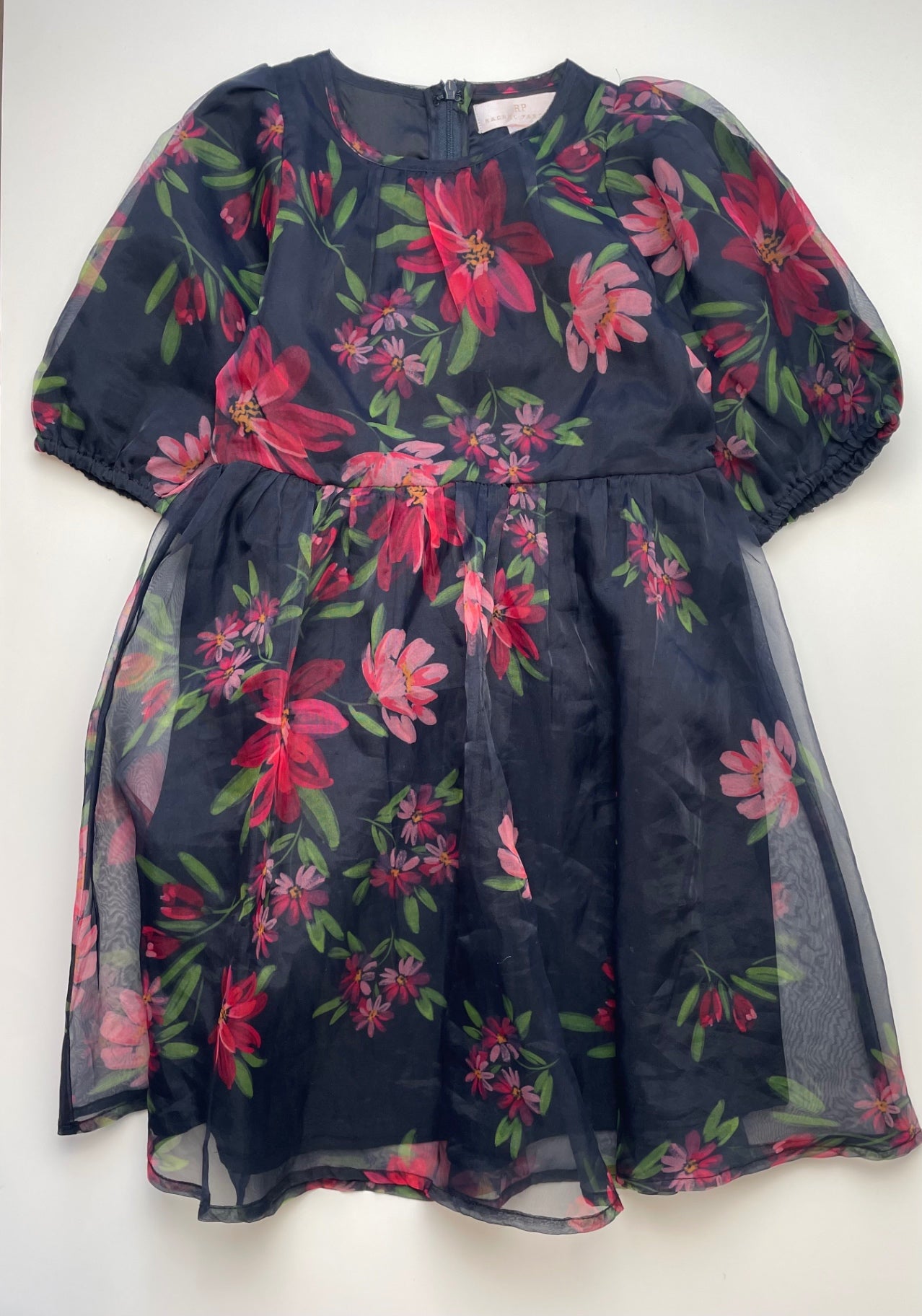 Rachel Parcell Dress - Navy Blue Organza Floral Puff Sleeve | size 7