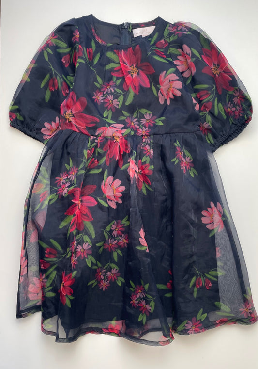 Rachel Parcell Dress - Navy Blue Organza Floral Puff Sleeve | size 7