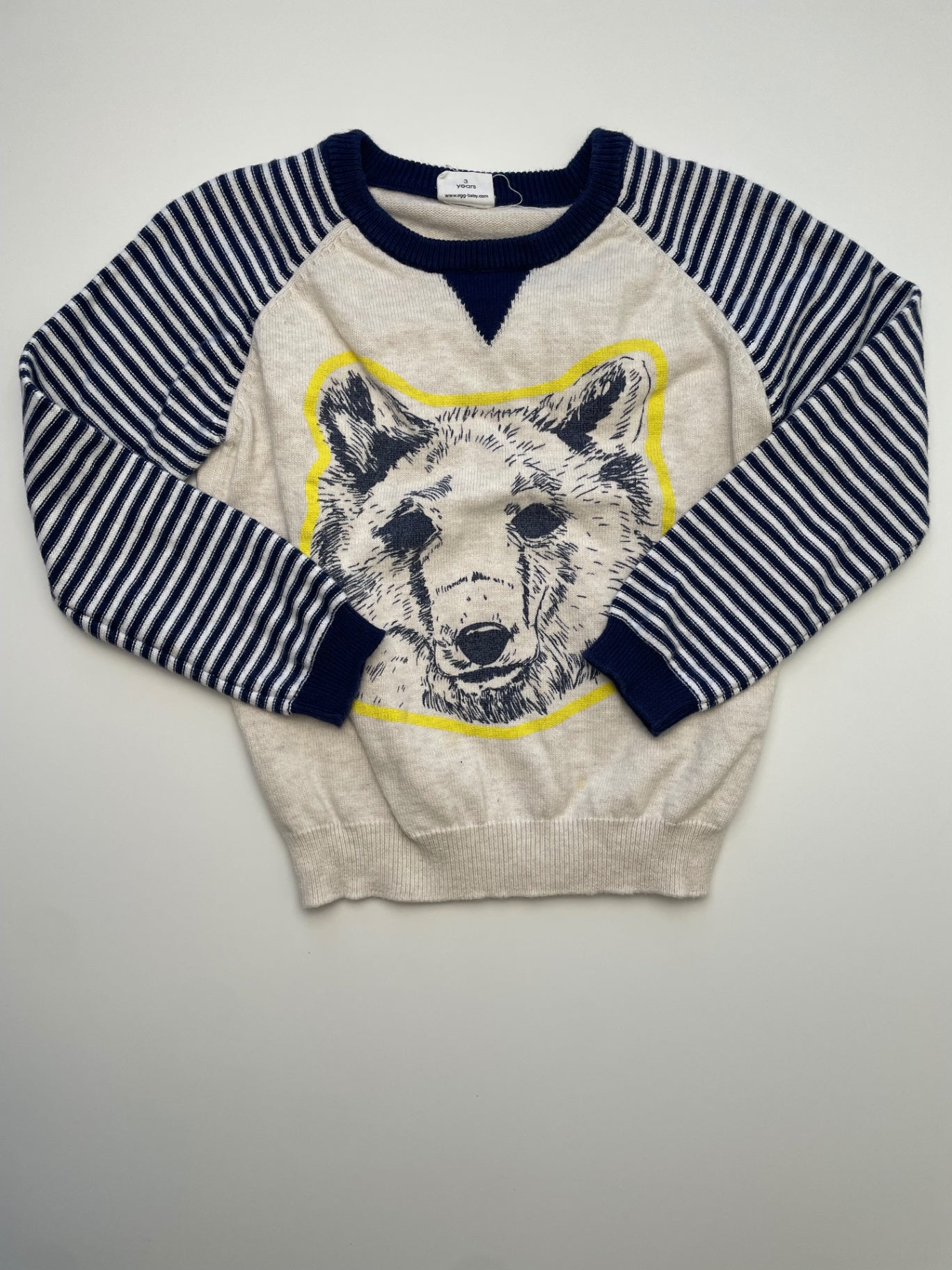 EGG New York Sweater - Cream Striped Sleeves Wolf Graphic | size 3T